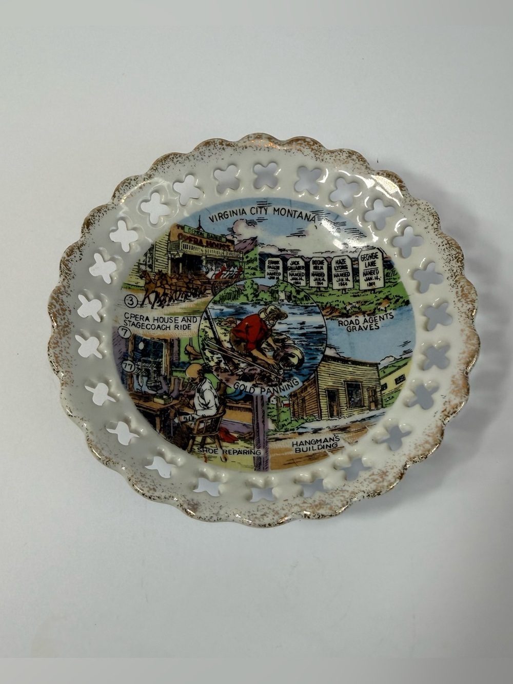 Vintage Americana Virginia City Montana Reticulated Lace Edge Souvenir Plate 6”
